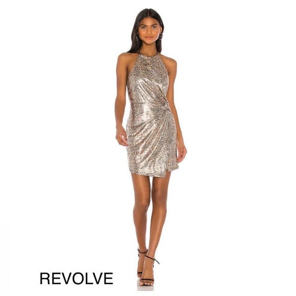 J.O.A Revolve Halter Dress Metallic Gold Party Cocktail Snakeskin Print - Medium - Picture 2 of 15